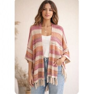 NKN Nekane Peach Purple Cream Open Knit Fringe Cardigan Boho Hippie Med/Large